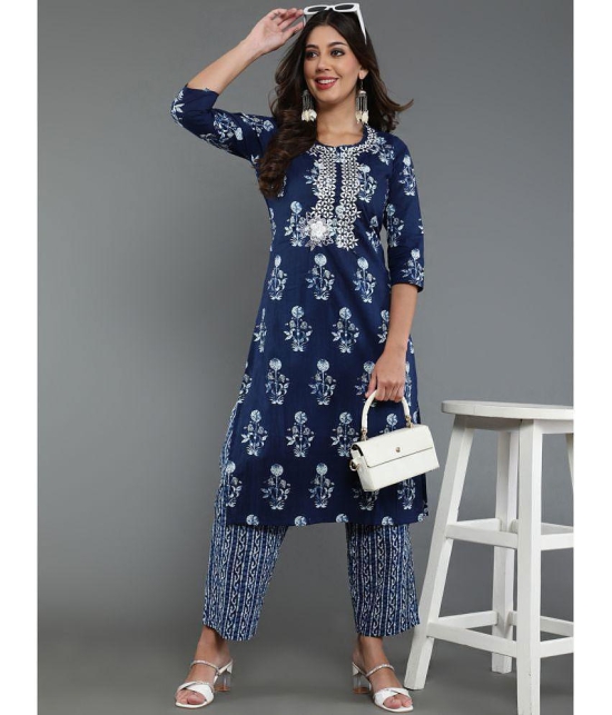 Antaran Cotton Blend Printed Kurti With Pants Womens Stitched Salwar Suit - Blue ( Pack of 1 ) - None