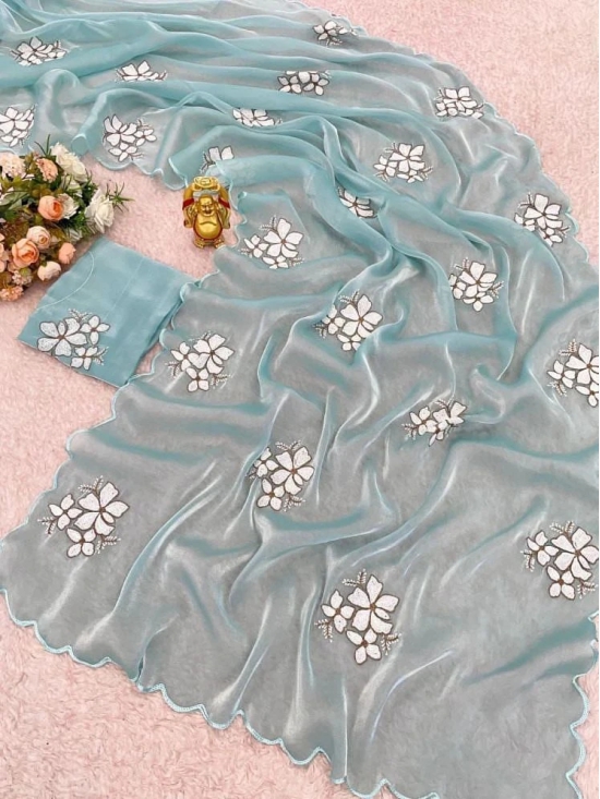 A TO Z CART Organza Embellished Saree With Blouse Piece - SkyBlue ( Pack of 1 ) - SkyBlue