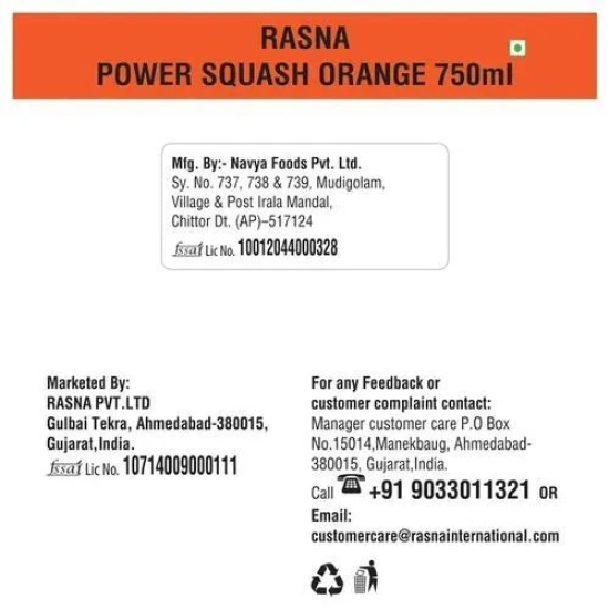 Rasna Fruit Juice - Fruit Plus, Orange Super Squash, 750 ml Bottle