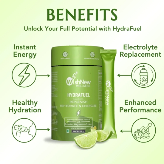 WishNew Wellness HydraFuel: Prime Electrolyte Energy Workout Drink Mix | Get Daily Hydration & Instant Energy Boost | Lemon & Lime Flavor with natural Sweetness| 20 Sachets | Suitable for Men & W