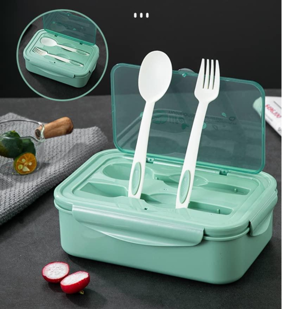 Entisia 1400ml Microwavable Bento Lunch Box - 1 Pcs Single-Layer Leakproof Food Container with Spoon, 3 Compartment Portable Sealed Bento Tiffin Box for Adults, Kids, Home, School