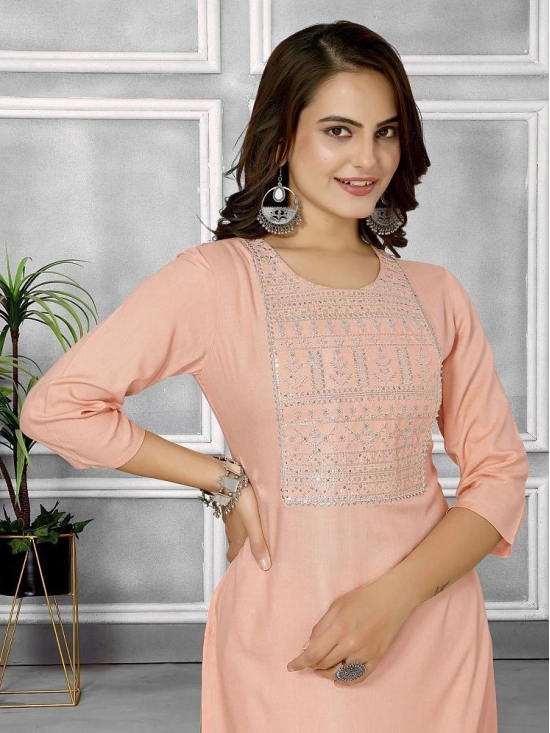 Rangita Women Rayon Peach Embroidered Knee Length Straight Kurti - None