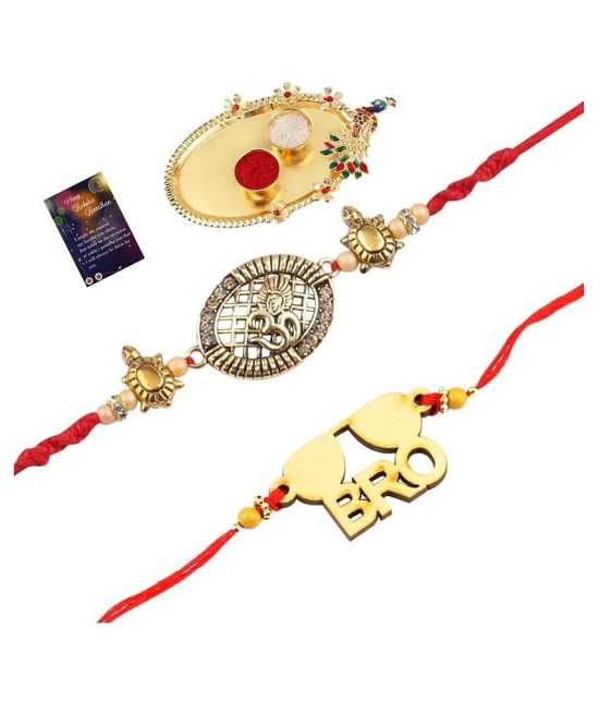 Paola Stylish  Bhaiya Rakhi  BRO Designer Pendent With  Designer Look OM Rakhi Combo  For Bhaiya With Roli Chawal And  Greeting Card 1 Kankawati Pooja Thali - None