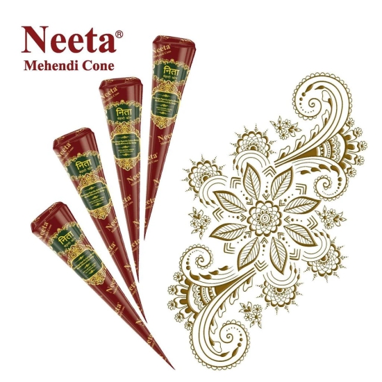 Neeta Mehendi Cones for Hand Desgning & Wedding, Bridal Mehandi Cone Reddish Brown Color 4 Pcs in 1 Box (Pack of 4)