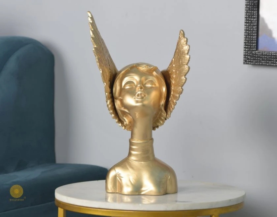 Golden Wings Angel Face Sclupture (5.5x13 Inches)-Gold