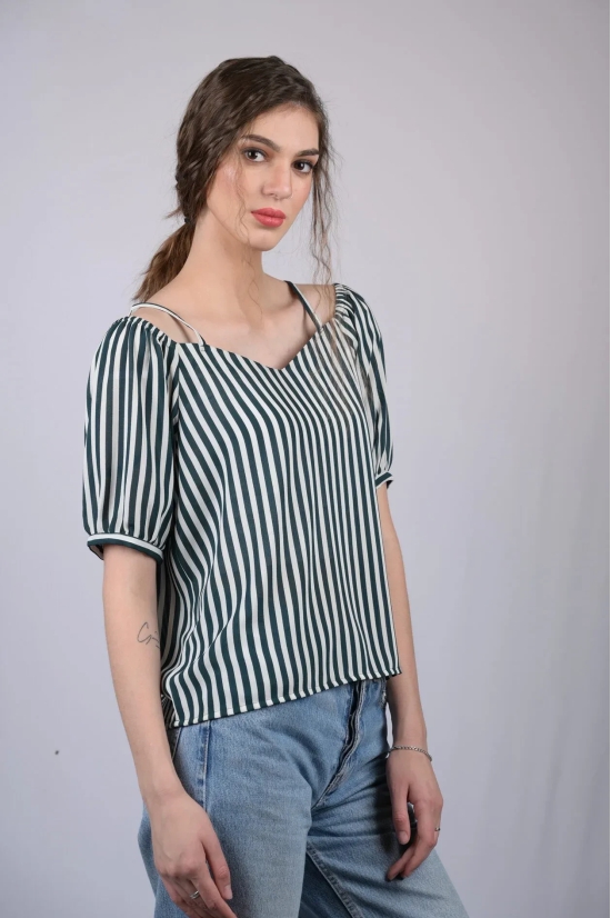 White and Green Striped Relaxed Fit Boat Neckline Top (OTL-TPS1021)-Blue / M