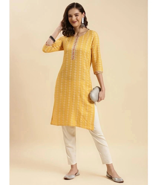 Rangita Women Yellow Rayon Printed Knee Length Straight Kurti - None