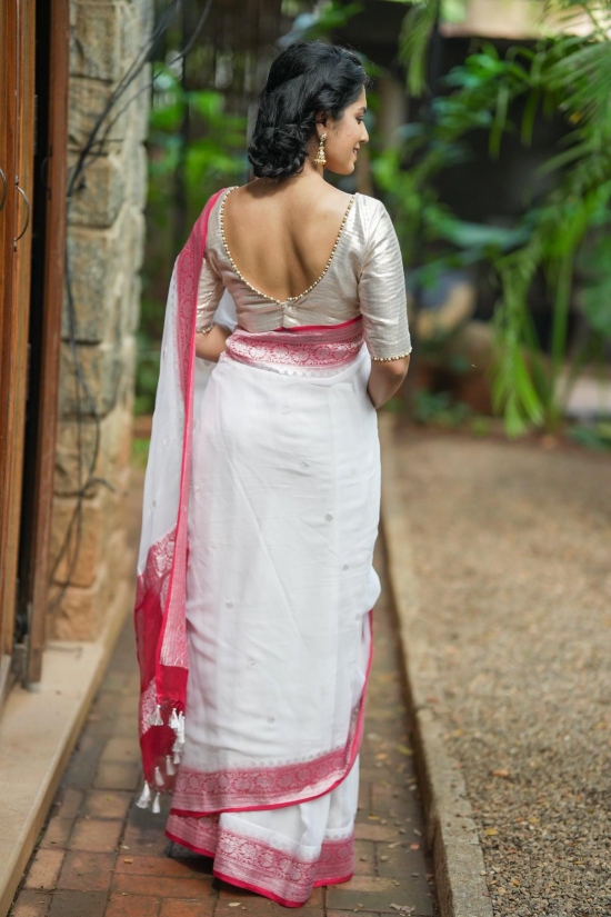 Pure Silk Chiffon Saree in White with Silver Tone Zari Buttas & Red Border | SILK MARK CERTIFIED