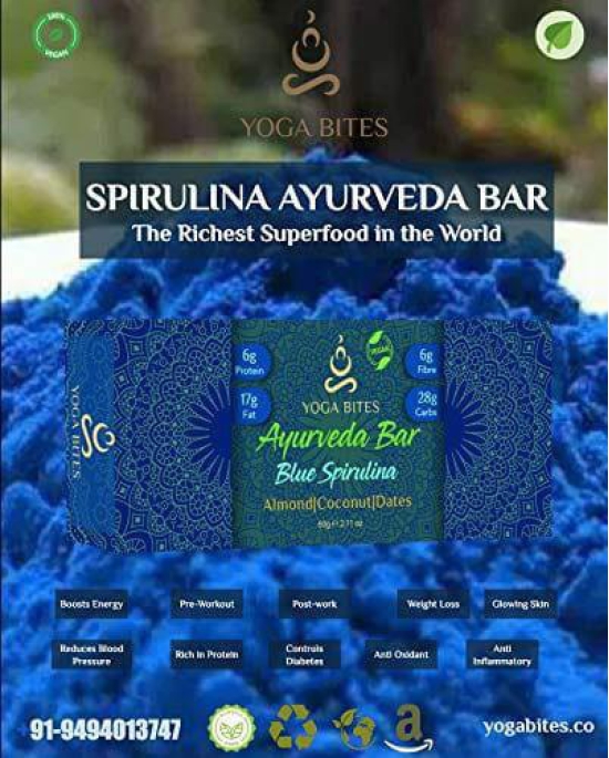 YOGABITES- Ayurveda Bars /Protein Bar /Energy Bar - Spirulina Almond ,Medjool Dates, Coconut, Flax, Pumpkin-60 ge (Pack of 6)