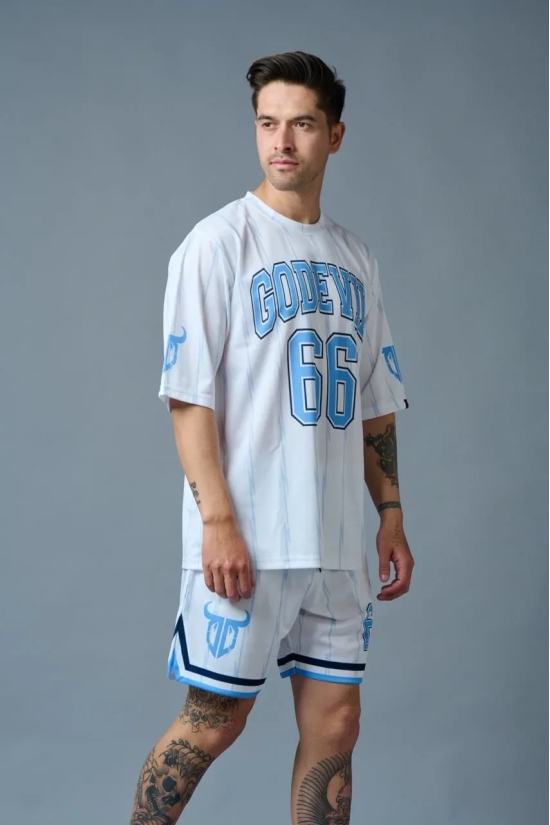 Go Devil 66 (in Sky Blue) Printed Stripes White Polyester Co-ord Set for Men 3XL