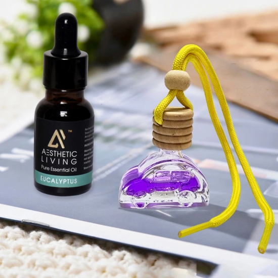 Aesthetic Living Car Aromatizer Diffuser Bottle with Essential Oil (Car Shape Bottle -10 ml + Eucalyptus Essential Oil, 15 ml)