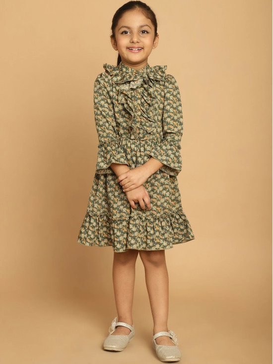 MINI & MING Girls Floral Printed Band Collar Bell Sleeve Ruffled Fit & Flare Dress