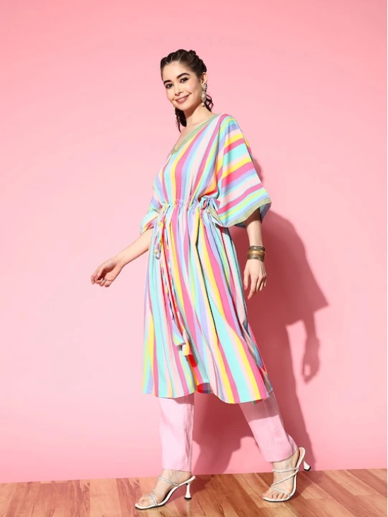 Women Striped Flared Sleeves Crepe Kaftan Kurta