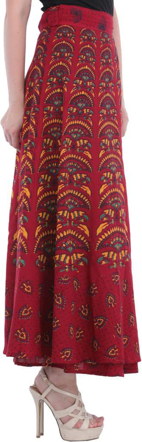 Biking-Red Wrap-Around Printed Long Skirt from Pilkhuwa