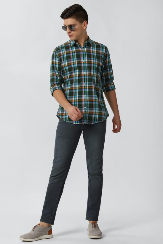 Men Green Slim Fit Check Full Sleeves Casual Shirt