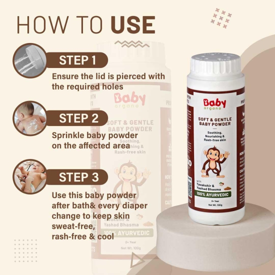 BabyOrgano Soft & Gentle Baby Powder | Contains Tavakshir, Yashad Bhasma, Sankhjiru Ayurvedic Ingredients | 100% Ayurvedic