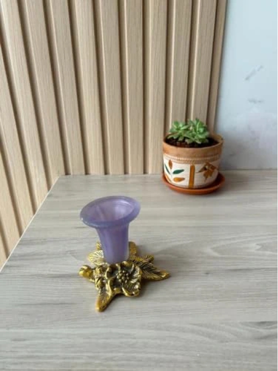 Aarna Creations Leaf Flower Candle Stand | Patta Tea Light Stand | Golden Leaf Candle Stand | Gold Antique Candle Stand | Metal & Glass Tea Light Stand (Purple)