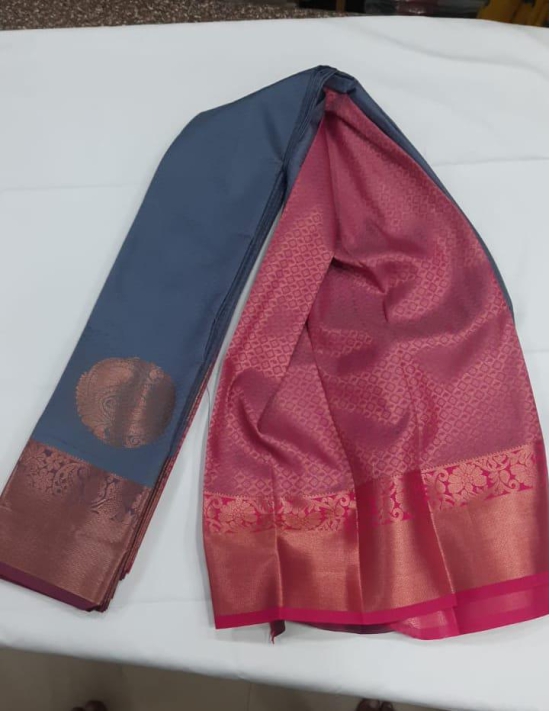 Women Semi Pattu Saree Silk Blend Saree boder butta , grey color saree with pink color pallu and blouse