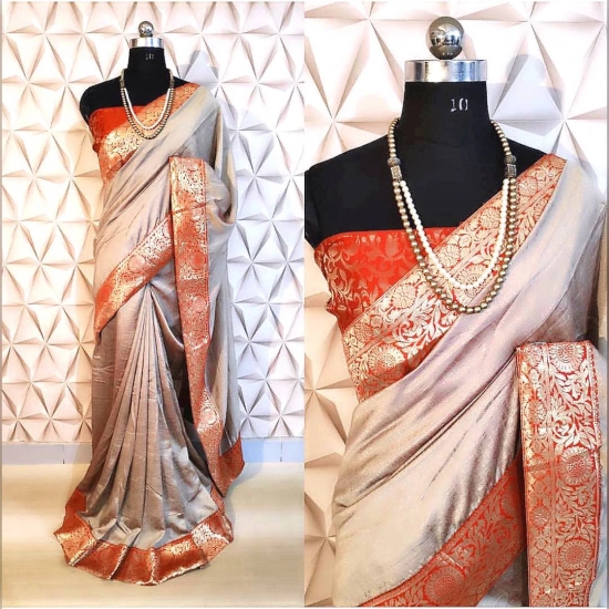 Womens  Georgette saree With  jacquard  Blouse-Free Size / Silver