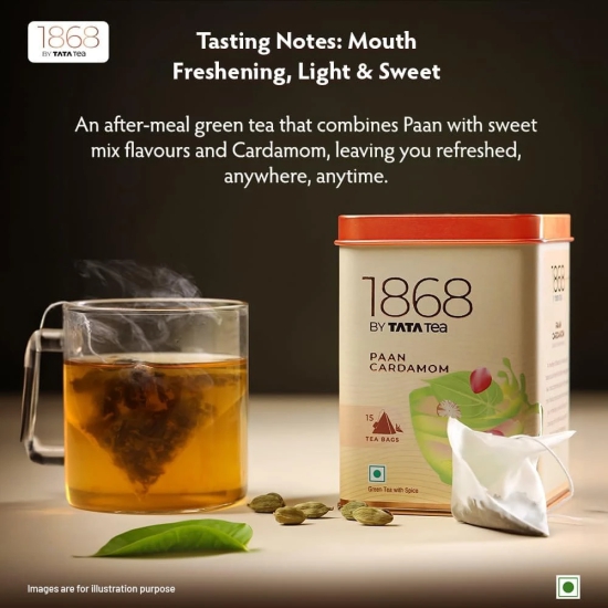 1868 by Tata Tea Paan Cardamom Tea Bags, Natural Paan Flavoured Tea, Green Tea with Sweet Mix Flavours & Cardamom, 15 Tea Bags