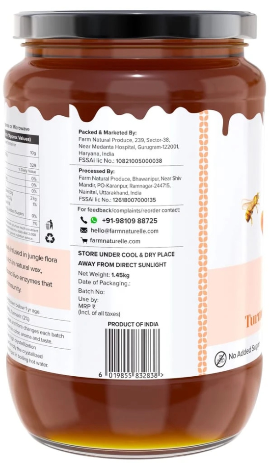 Farm Naturelle - Pure Turmeric Infused in Forest Honey |1.45kg and a Wooden Spoon | Raw Unprocessed Delicious and Ant-oxidant Honey | 100% Pure & Natural Ingredients Honey.