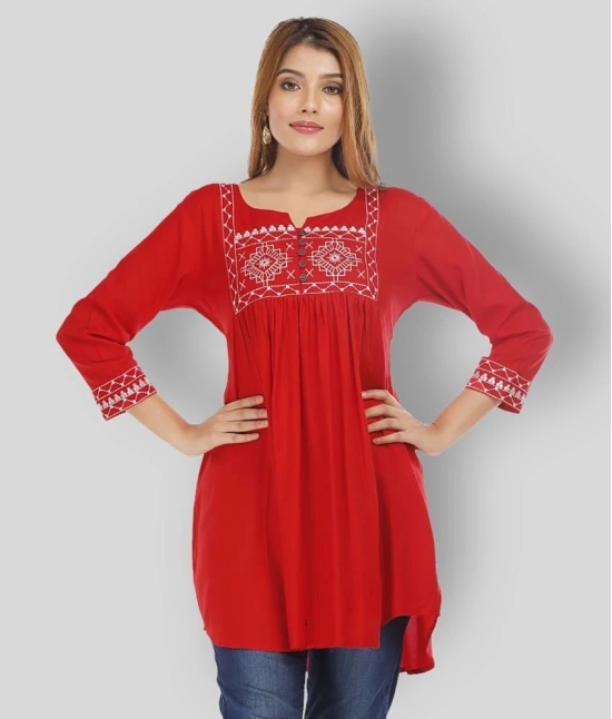 HIGHLIGHT FASHION EXPORT - Red Rayon Womens Asymmetrical Kurti ( Pack of 1 ) - L