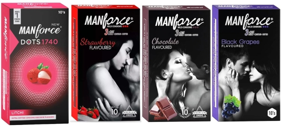 MANFORCE CONDOMS CHOCALATE STRAWBERRY LITCHI  BLACK GRAPS Condom (Set of 4 40 Sheets)