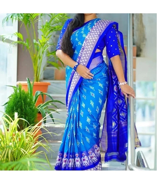 Saadhvi Cotton Silk Printed Saree With Blouse Piece - Turquoise ( Pack of 1 ) - Turquoise