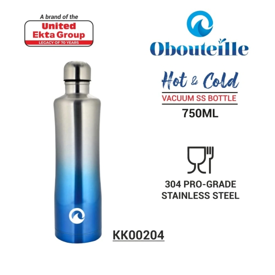 Obouteille Stainless Steel 750 ml Vacuum Insulated Leak Proof Flask Water Bottle for School/Home/Kitchen/Office/Work/Gym/Outdoor/Exercise/Yoga/Camping/Boys/Girls/Kids/Adults - Curvy Silver-Blue