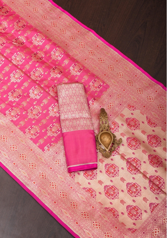 Strawberry dual tone Intricate Banarasi Katan silk saree with Meenakari Jaal  | SILK MARK CERTIFIED