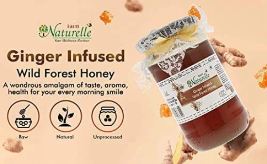 Farm Naturelle Healthy Ginger Infused Honey 700g + 75g Extra |100% Pure Honey| Raw & Unfiltered|Unprocessed|Lab Tested Honey In Glass Jar with Engraved Virgin Wooden Spoon