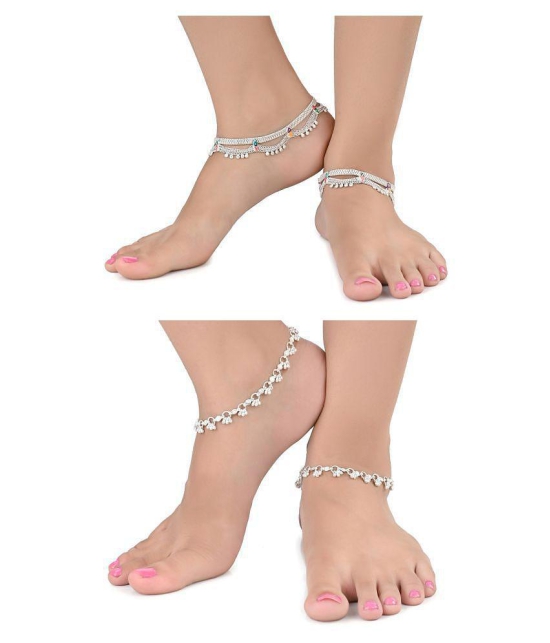 AanyaCentric Combo of 2 Pair Silver Plated White Metal Indian Traditional Ethnic Payal Anklets - Silver