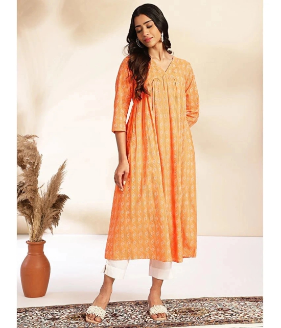 Janasya Cotton Printed A-line Womens Kurti - Orange ( Pack of 1 ) - None