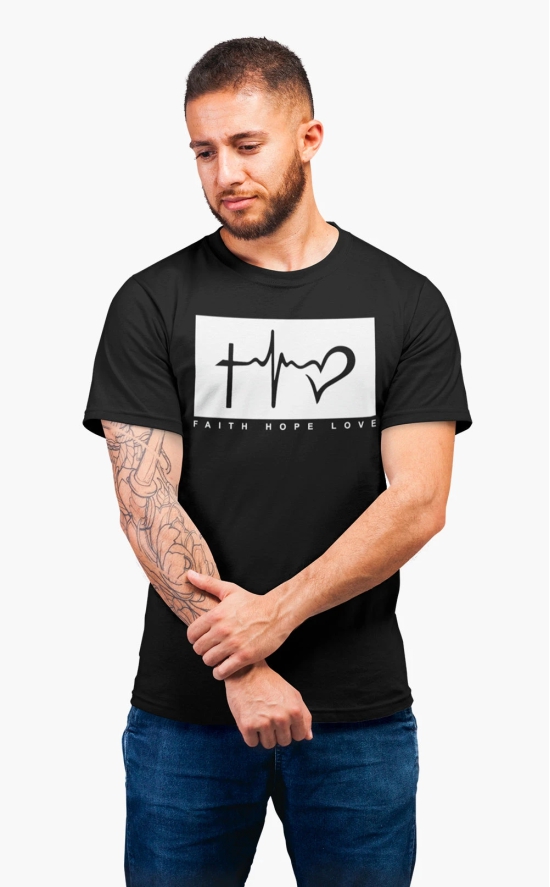 Mens Round Neck FAITH HOPE LOVE T-Shirt-Black / S