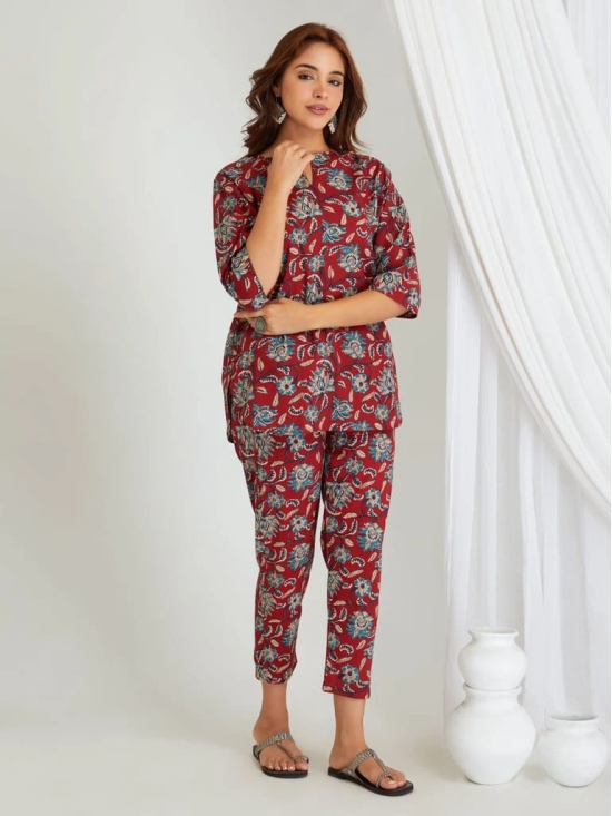 BREATHABLES Women Cotton Printed Loungewear Kurta and Pants Co-ord Set 3/4 Sleeve Round Neck Comfort Loose Fit Red I Night Wear | Co-ord set | Lounge Wear Set