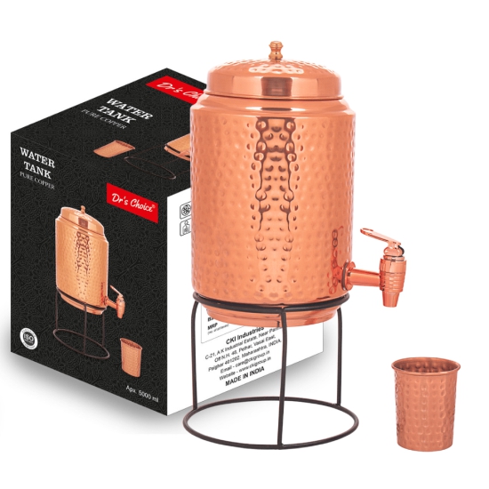 Drs Choice Hammered Copper Water Matka Pot 5000ML - 5Ltr with Stand & One Glass