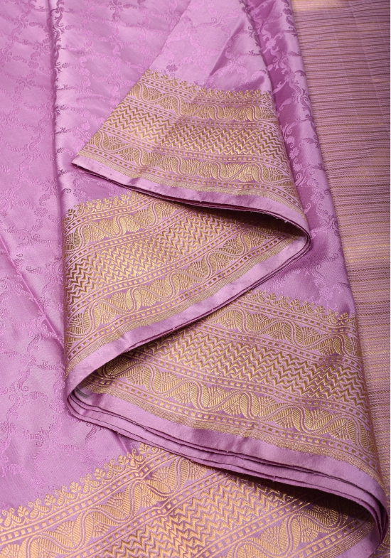 Tanchoi Banarasi Handloom Pure Satin Silk Saree in Thistle with Self Jaal and Zari Borders| SILK MARK CERTIFIE