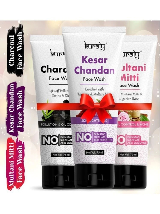 KURAIY Kesar Chandan Multani Mitti & Charcoal Skin Lightening &Tan Removal Face wash pack of 3