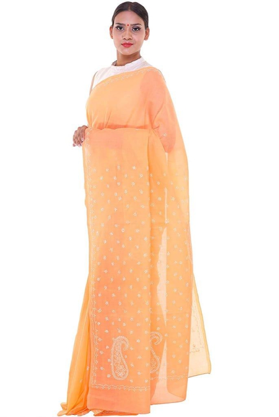 Lavangi Women Lucknow Chikankari Keel Peach Mauve Cotton Saree With Blouse