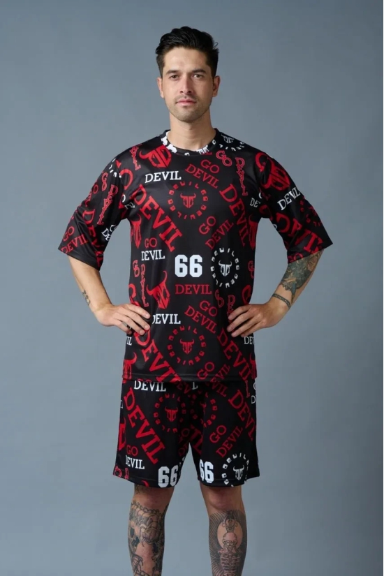 Go Devil 66 All over print (in Red) Black Polyester Co-ord Set for Men XL