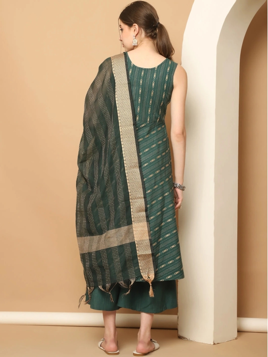 Green Woven Design Kantha Work Kurta with Palazzos & With Dupatta-XL / Green