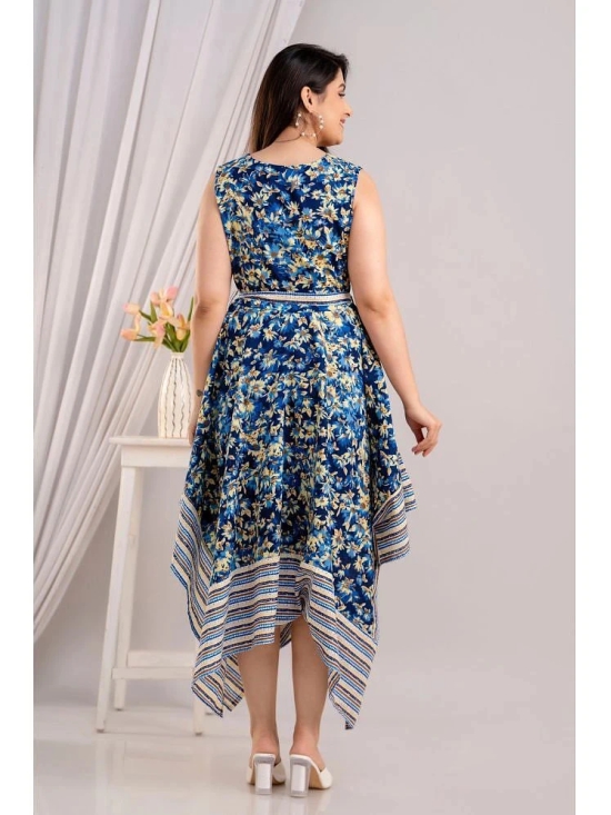 Frionkandy Cotton Printed Ankle Length Womens Asymmetric Dress - Blue ( Pack of 1 ) - None