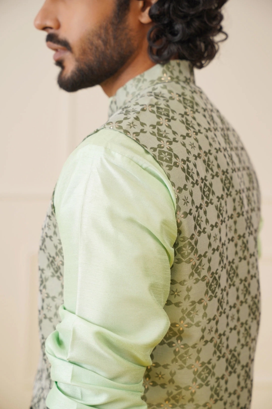 Mens Woven Design Nehru Jacket With Kurta Pyjama Set-S / Green