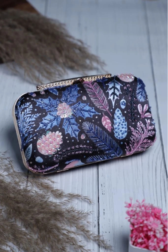 Exclusive Embellished women Hand Clutch cum sling bag (Blue With Multi Color)