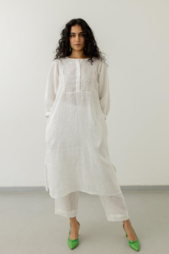 Pristine White linen kurta-M