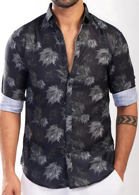 Maple Printed Black Cotton Shirt-XL - 42