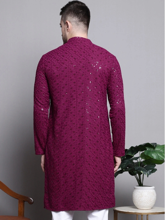 Sequin Embroidered Pure Cotton Kurtas-S / Purple