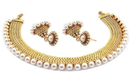 YouBella Golden and White Traditional Pearl Necklace Set