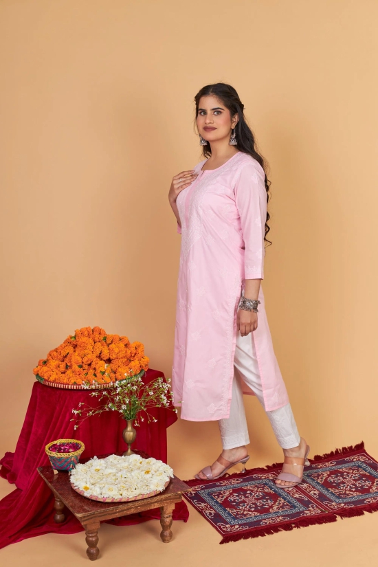 Soft Cotton Chikankari Kurti-Pink-Peach / XXL