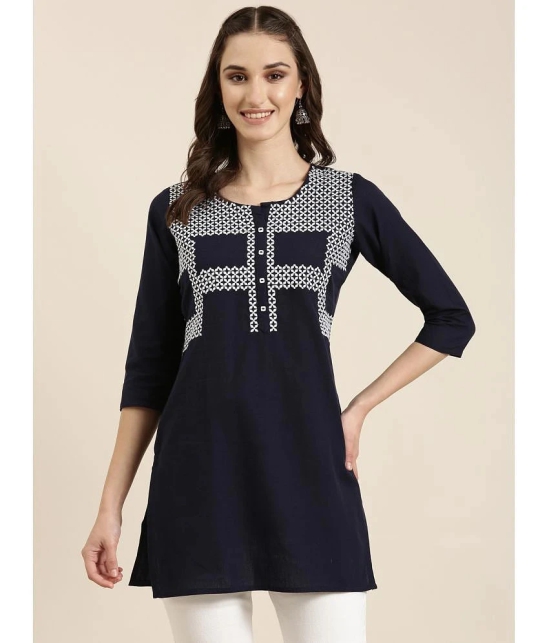 Showoff Cotton Blend Embellished Straight Womens Kurti - Navy Blue ( Pack of 1 ) - None